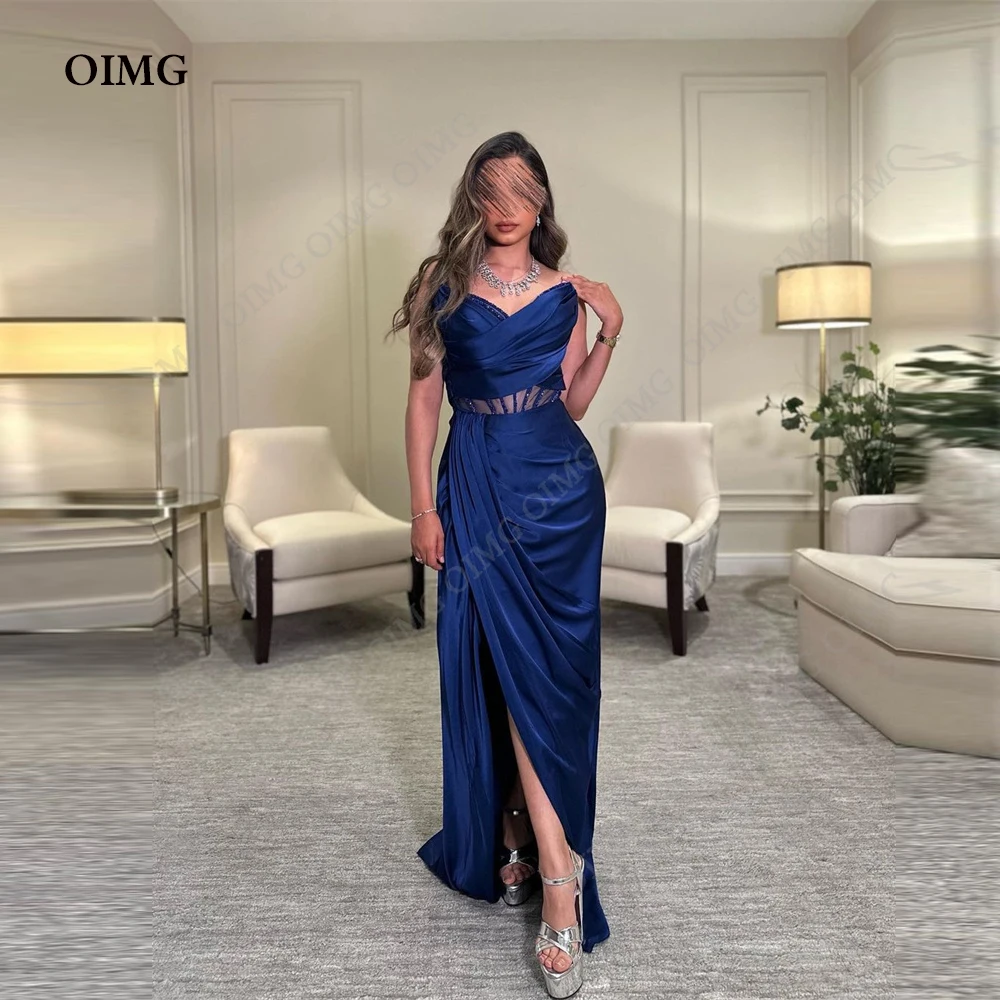 

OIMG Blue Shiny Evening Dress Strapless Party Dress for Women Long Sequins Side Slit Custom Celebrity Dress vestidos de fiesta