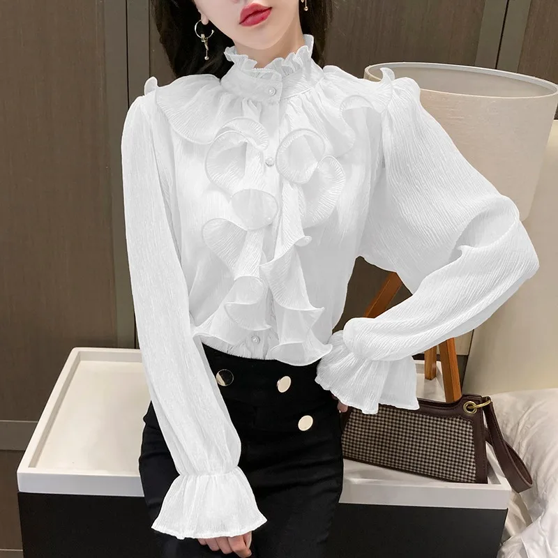 Satin Women\'s Shirts New Silk Solid Vintage Blouses Loose Spring/Summer O-Neck Ladies Clothing Long Sleeves RUFFLES Tops