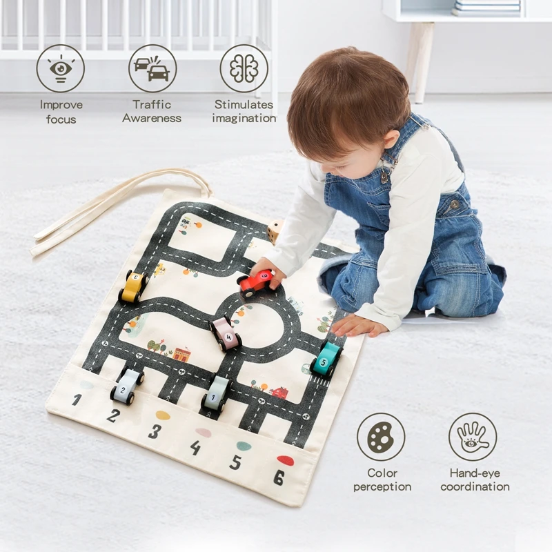 Wooden Baby Montessori Toys Baby Car Traffic Road Map Canvas Desktop Mat Game Parent-child Puzzle Educational Montessori Toys