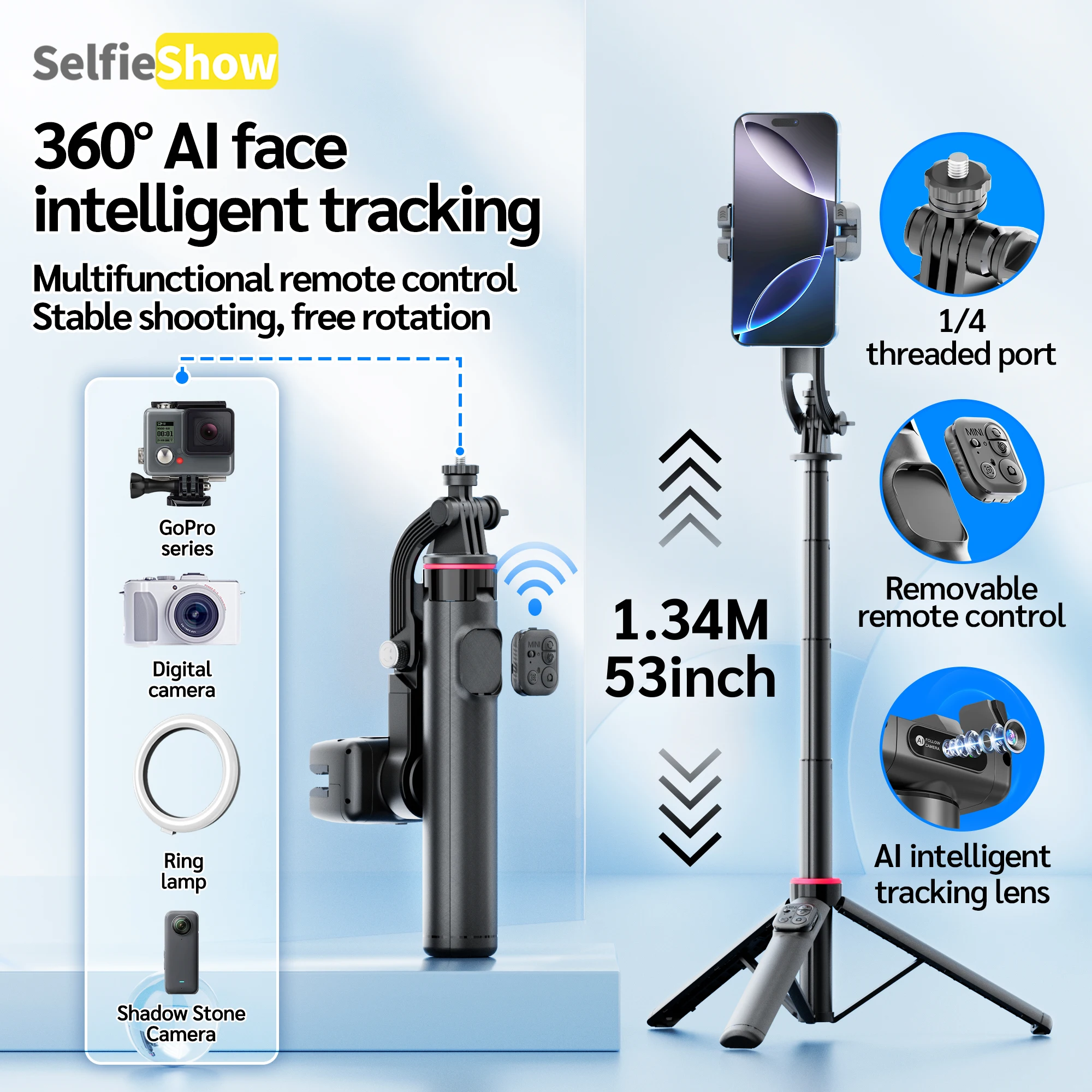 

Selfieshow Handheld Gimbal 360° Ai Face Tracking Shoot Desktop Stabilizer Tripod Selfie Stick Wireless Remote for Smartphoes