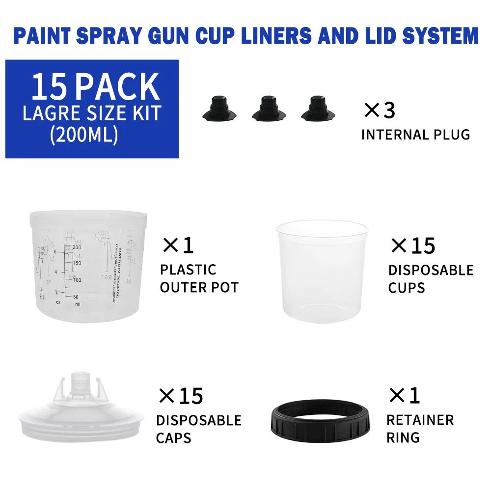 200ML Spray Gun Paint Mixing/Paint Filter Cup Airbrush Tank 15/25pcs Disposable Paint Cup with 2pcs Spray Gun Cup Adapter