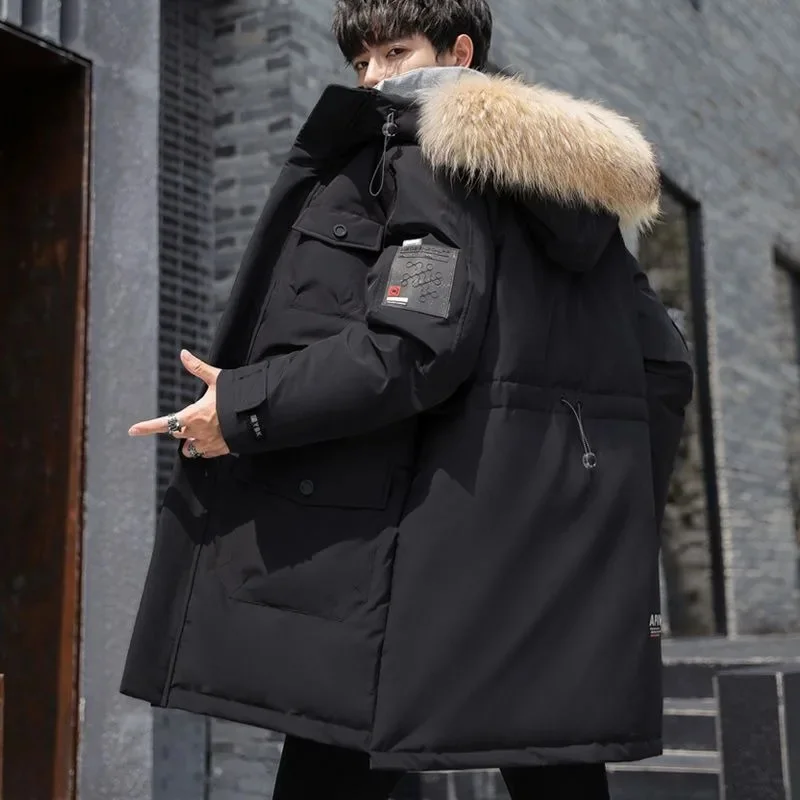 Men Winter down Jacket Mid-Length Workwear Hooded Coat Trendy Thickened Warm Big Fur Collar High-End Cold-Proof Top