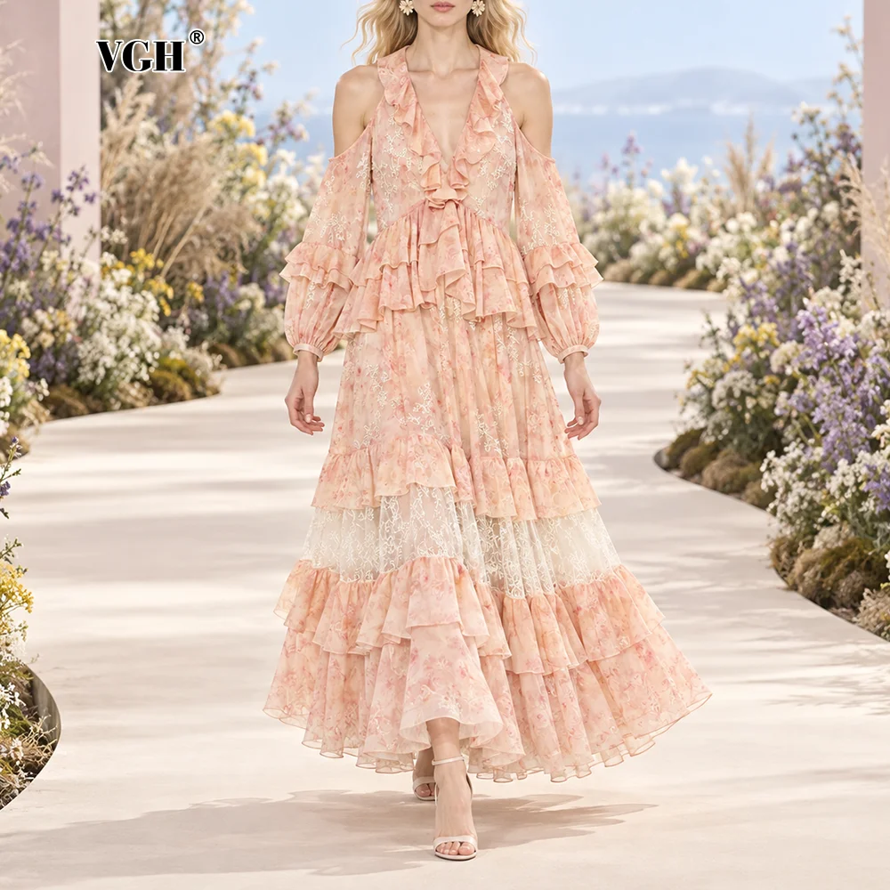 VGH Romantic Floral Ruffled Tiered Maxi Dress for Women V Neck Cold Shoulder Long Sleeve Lace High Waist for Party Casual Daily