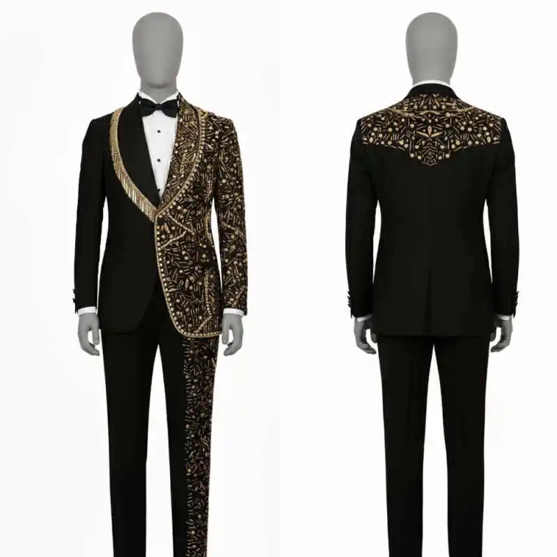 Elegant Men 2 Pieces Sets Suits Golden Beads Shawl Lapel Customized Groom Party Tuxedos Fashion Costumes Homme