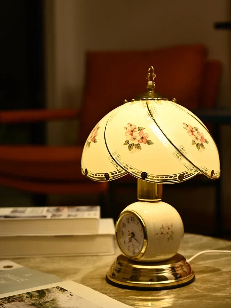 European style luxury bedroom bedside table lamp glass lampshade touch infinite dimming three color dimming strip watch ceramic