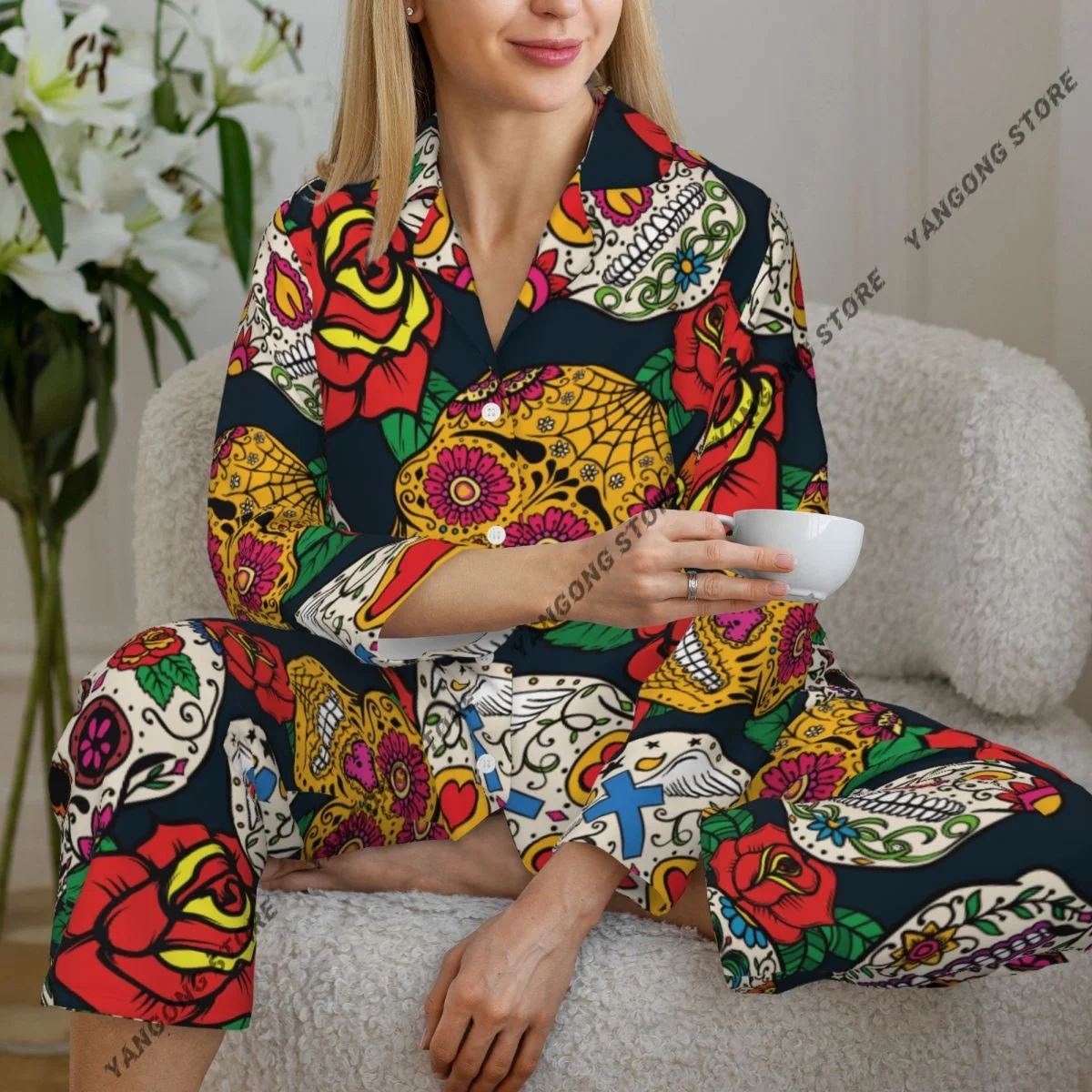 

Spring and Autumn Pajama Set Women's Long Sleeve Pants Two Piece Mexican Sugar Skull With Rose Home Furnishing Set