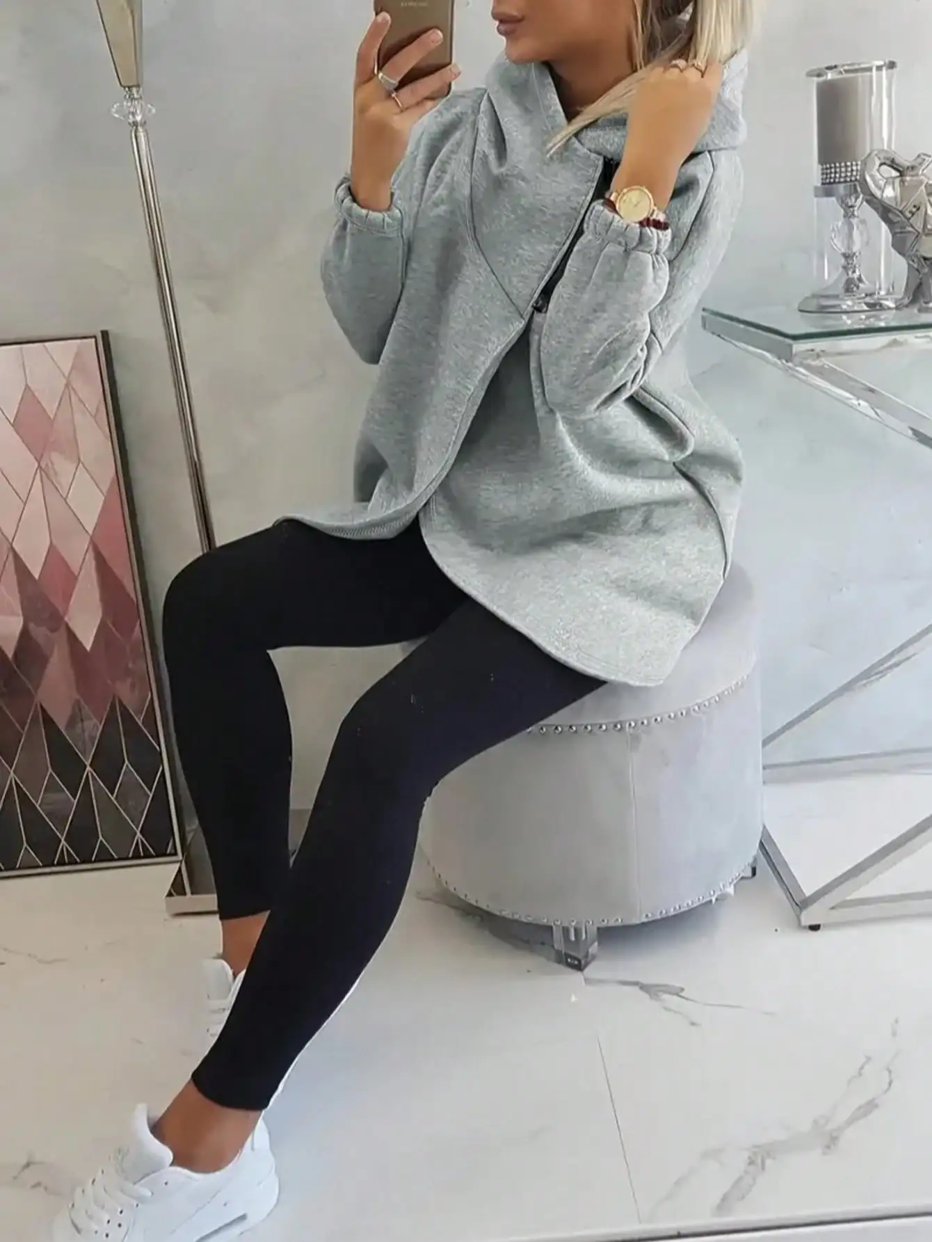 Women's Oversized Hoodie with Zipper & Tulip Hem, Solid Gray Casual Sweatshirt for Autumn