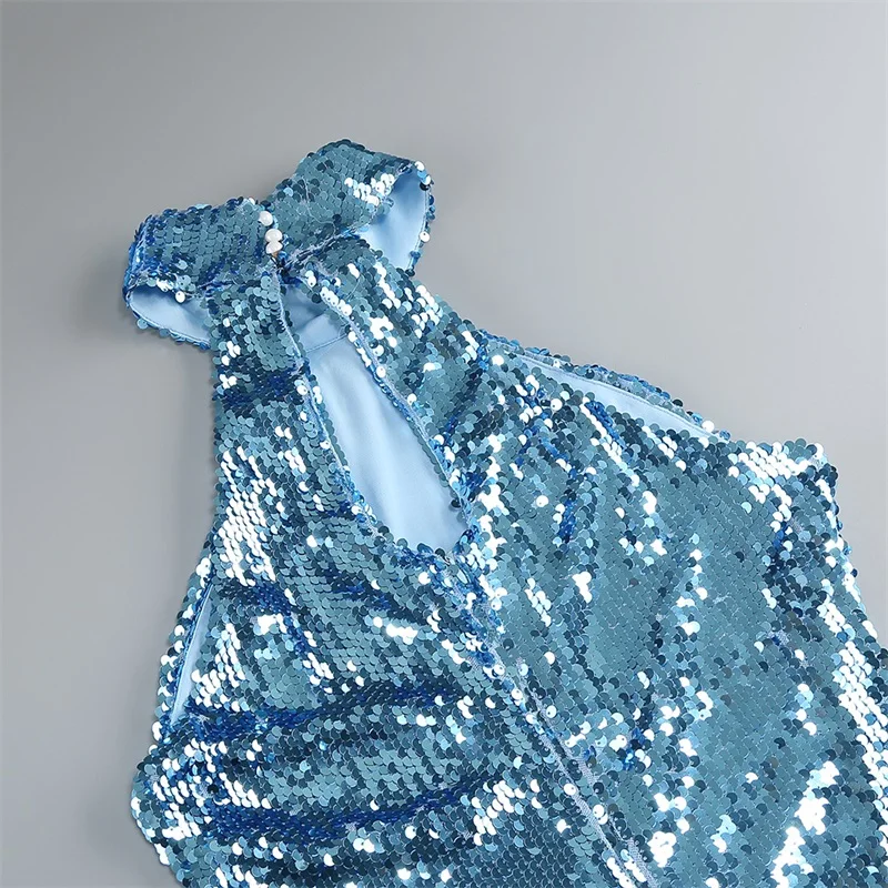 Baby Blue Sequins Sheath Evening Dress Sexy High Neck Sleeveless Hollow Split Long Robe Formal Birthday Glitter Party Prom Gown image 5
