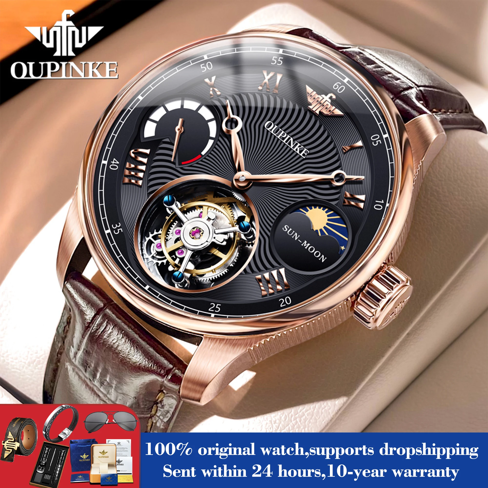 

OUPINKE 8001 Tourbillon Mechanical Watch For Men Moon Phase Top Brand Luxury Men's Watches 50M Waterproof Hollow Wristwatch