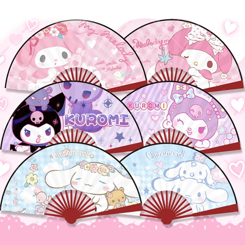 

MINISO Cartoon Character Folding Sanrio Kuromi My Melody Cinnamoroll Folding Fan Portable Silk Fan Wooden Shank Summer Hand Fans