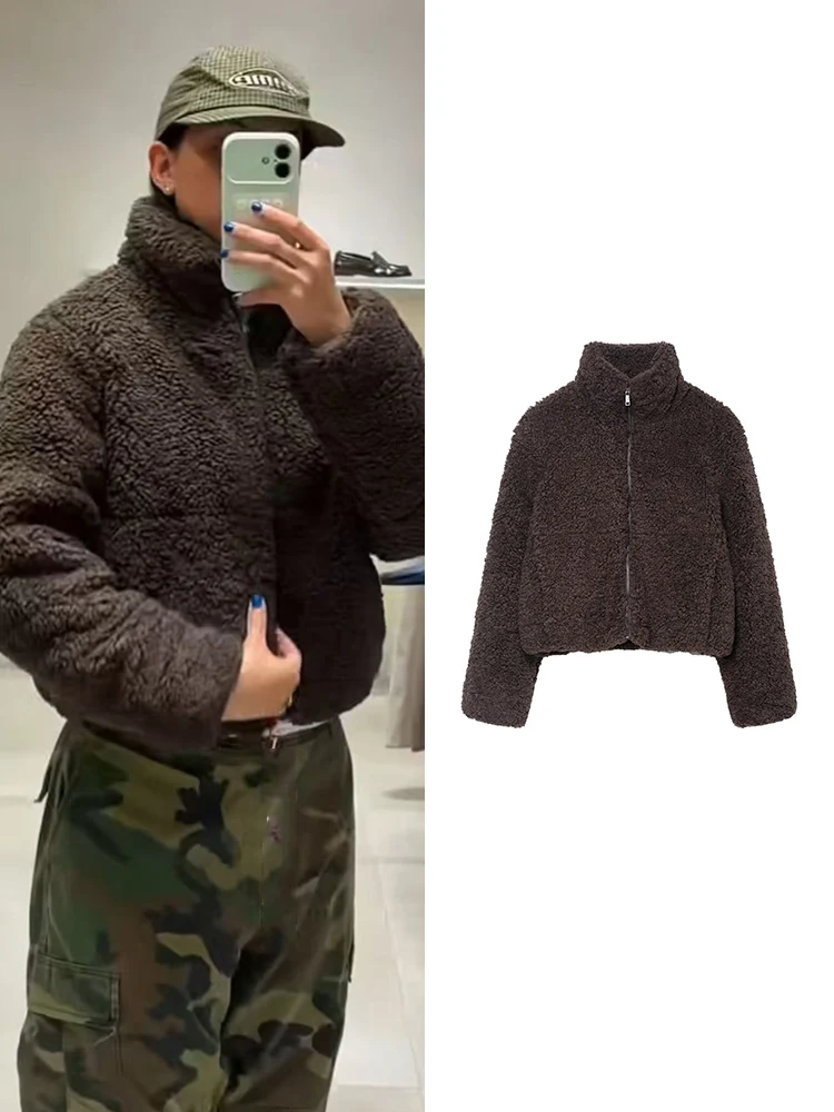 

Женское зимнее короткое пальто из овечьей шерсти, утепленная водолазка с длинными рукавами, уличная одежда, новинка 2025 года, модные женские однотонные куртки на молнии