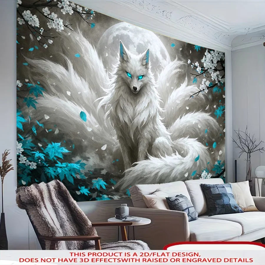 Fantasy Fox Tapestry, Mystic White Nine Tailed Fox Bright Blue Eyes Moon Sakura Leaves Art Wall Tapestry, Landscape Decor for