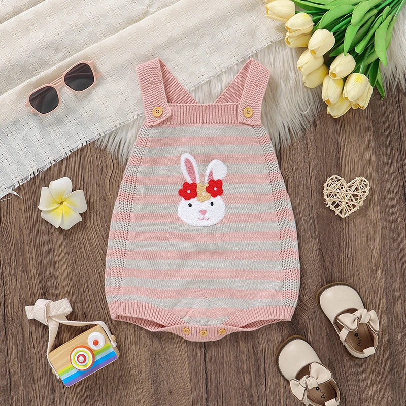 

Cotton Baby Bodysuits Knitted Infant Girls Fashion Striped Cute Rabbit Newborn Children Clothes Sleeveless Summer 0-18M Overalls