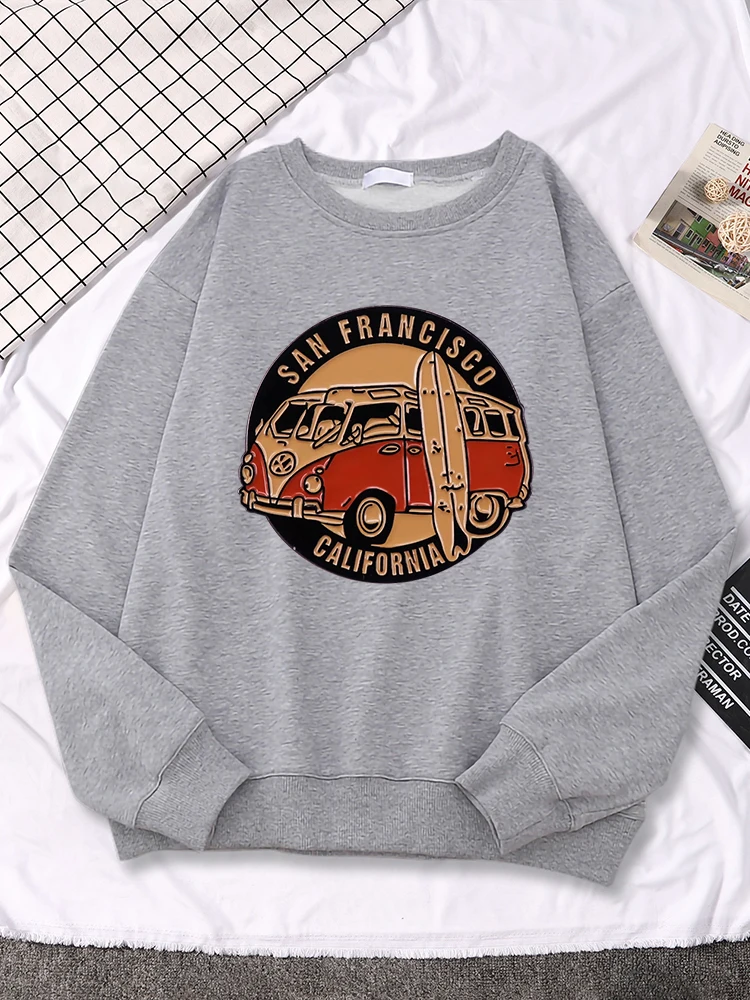 San Francisco California Vintage School Bus Printed Womens Hoodies Vintage Casual Long Sleeves Autumn Fashion Female Sweatshirts