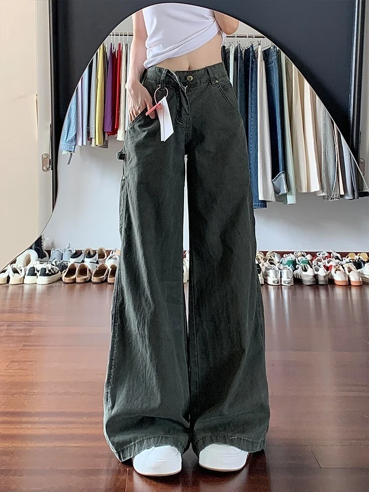 Loose Casual American Retro Military een Workwear Jeans Women's plus Size Straight Leg Wide Leg Pants Casual High Waist