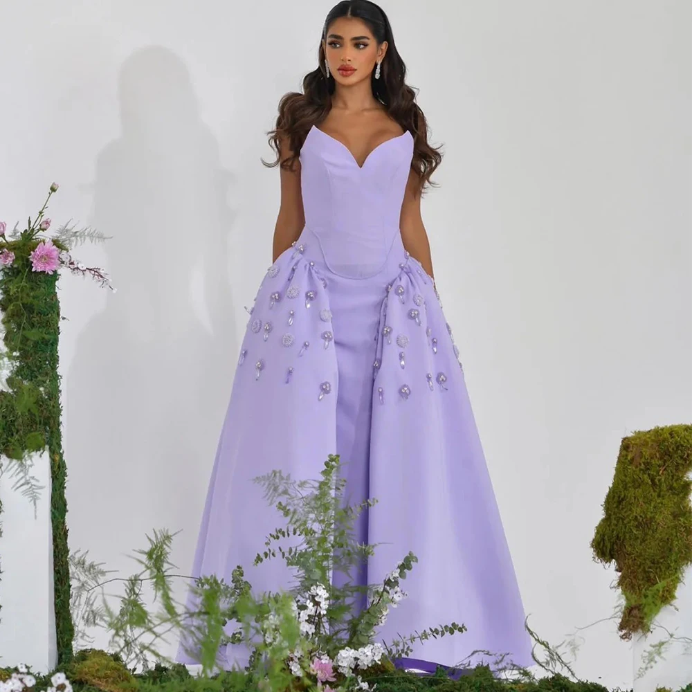 Flechazo Lilac Evening Dress V-Neck Sleeveless Beading Crystal Stone A-Line Floor Length Women Occasion Formal Gown Customied