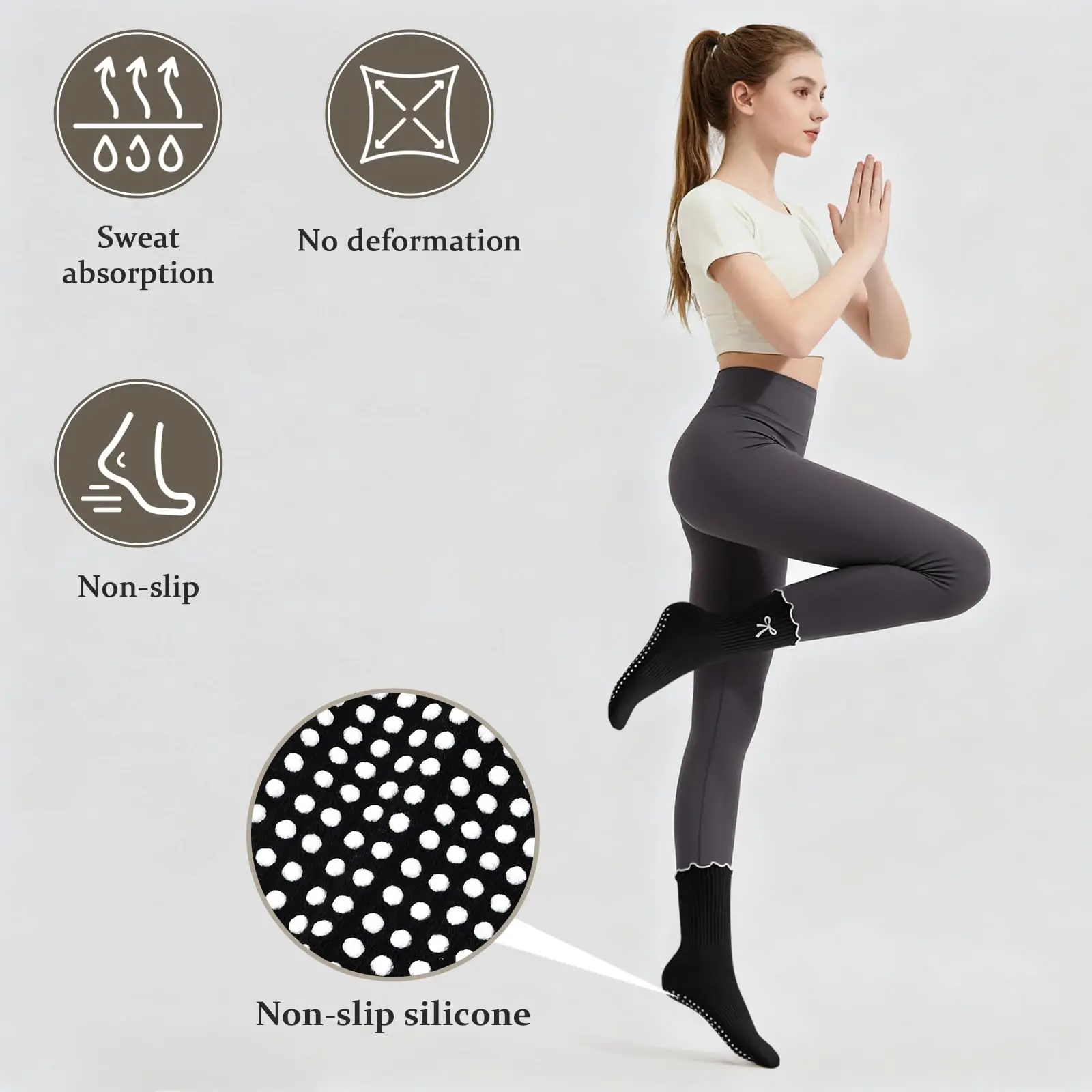 3 Pairs of Anti-Slip Grip Pilates Socks, Pure Cotton Breathable Yoga Socks, High Elasticity Sweat-Absorbing Mid-Calf Socks