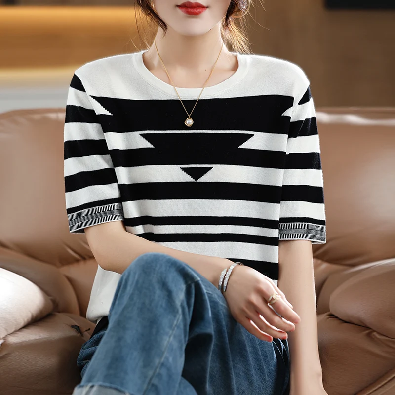 Women\'s T-shirt Spring/Summer 100% Cotton Knitwear Casual Striped Pullover Short Sleeve Round Neck Tees Loose Blouse