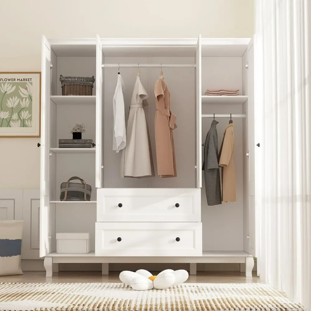 4 Door Wardrobe Closet Armoire with 2 Drawers, Clothes Storage Cabinet with Solid Legs, Wardrobe with Shelves & Hanging Rods