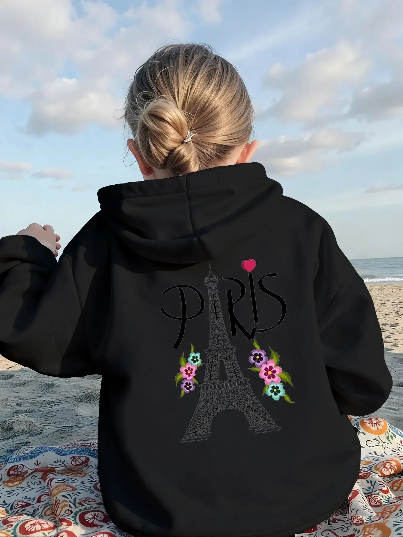Cute American Style Kids Hoodie Autumn Winter Thick Fleece Paris Eiffel Tower Back Print Long Sleeve Sweatshirt