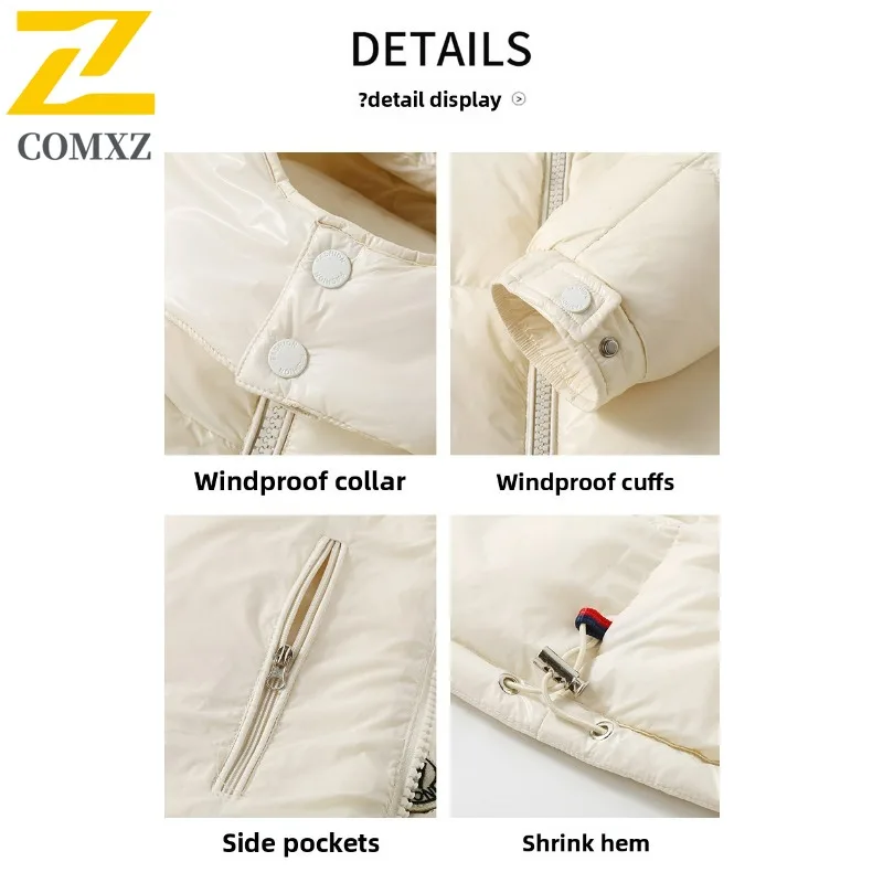 COMXZ 2025 جديد سميكة الرجال الحرارية أسفل سترة فضفاضة تناسب معطف منتفخ الاتجاه قصيرة نمط زوجين الوقوف طوق الشتاء معطف في الهواء الطلق