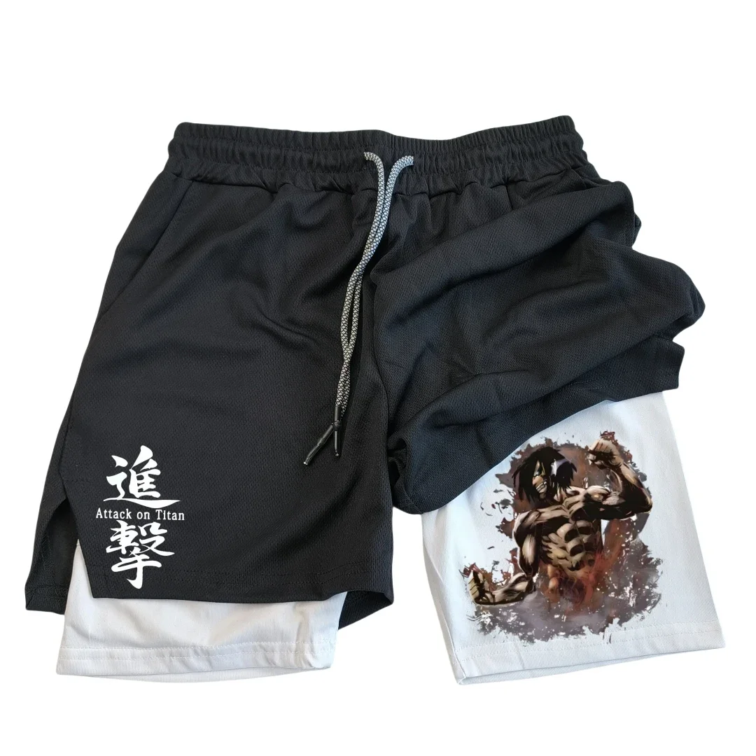 

Men's Double Layer Fitness Anime Shorts Drawstring Mesh Lining Elastic Waist Breathable Quick Dry to Beach Pool Summer Male