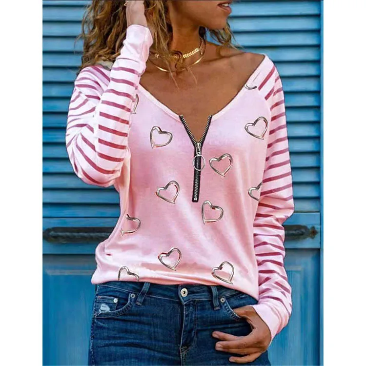 T-shirt con spalle scoperte Sexy con cerniera con scollo a v e stampa d\'amore a maniche lunghe autunno e inverno da donna