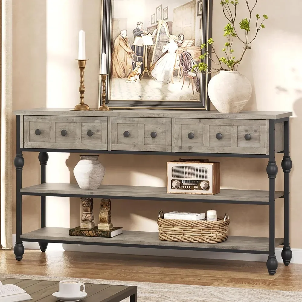

52" Entryway Table, Entrance Table with 3 Storage Drawers, 3-tier Industrial Metal Sofa Table
