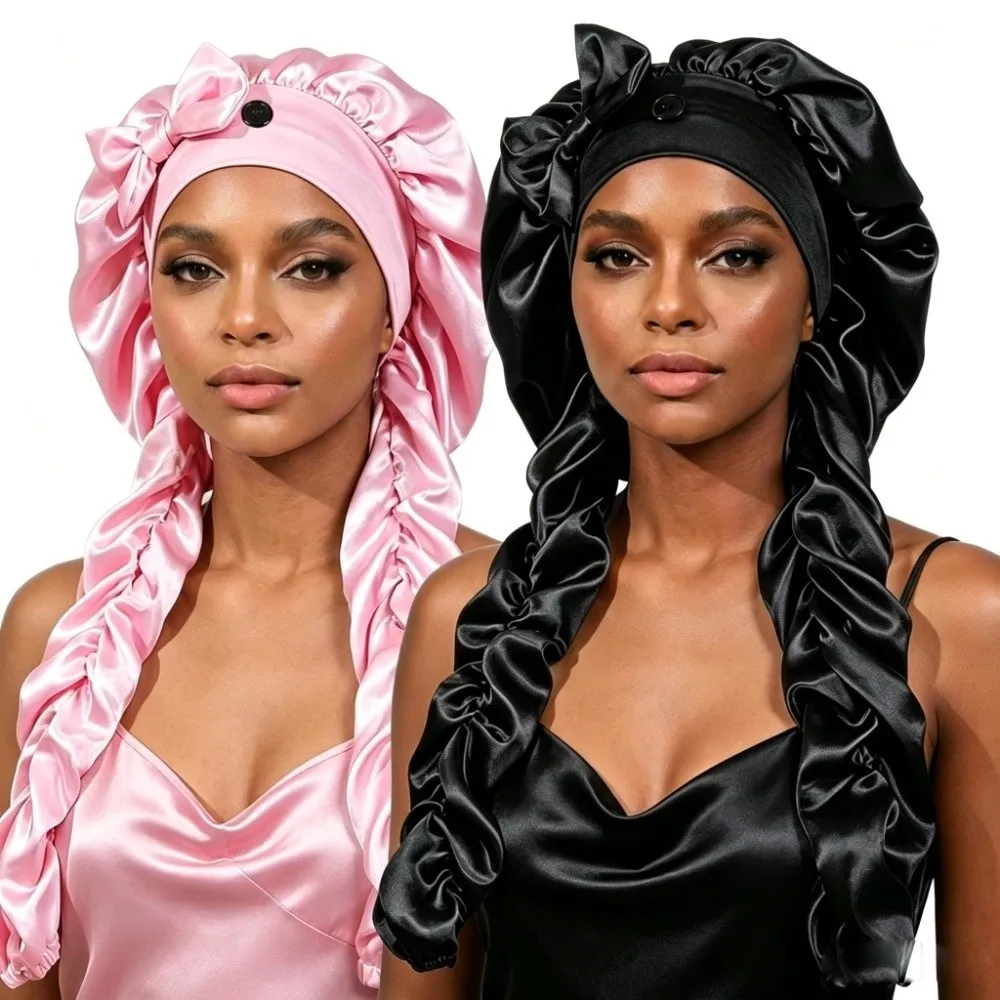 Satin Material Sleep Bonnet Long Curling Ribbons Non-Slip Design Heatless Curl Bonnet Adjustable Fit Soft Fabric