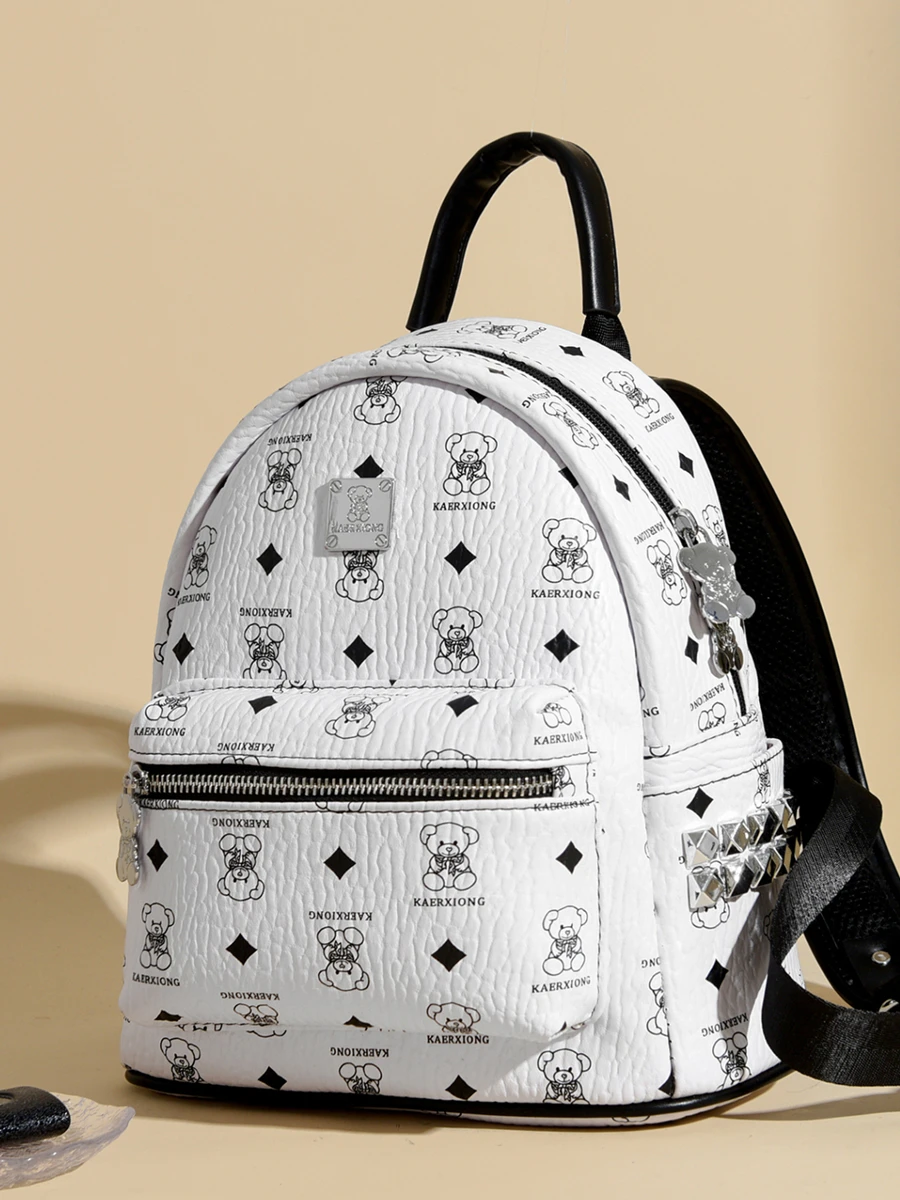 

Гонконг Sle Bear Print Двойная сумка на плечо для женщин с заклепками Faionable Student Beli Casual из искусственного материала на молнии ...