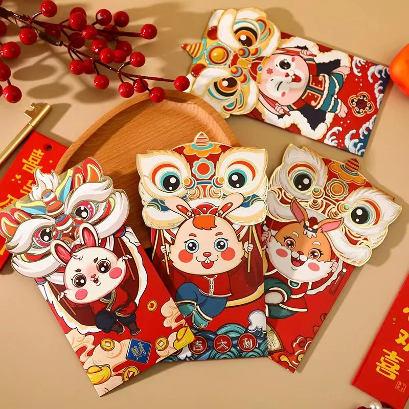 4 Pcs Chinese New Year Red Envelopes, Red Pocket Envelopes Hong Bao Gift Money Envelopes for 2023 Rabbit Year Spring Festival