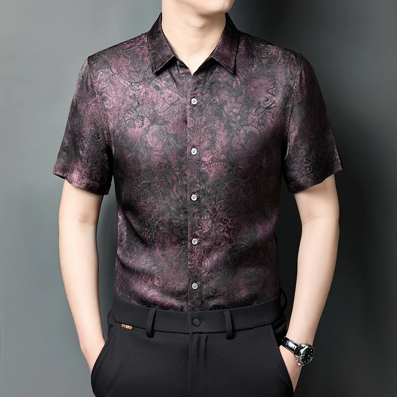 

HT5706 Chinese Style Silky Shirts For Men Short Sleeved Viscose Summer Quality Comfortable Fit Vintage Premium Camisas De Hombre