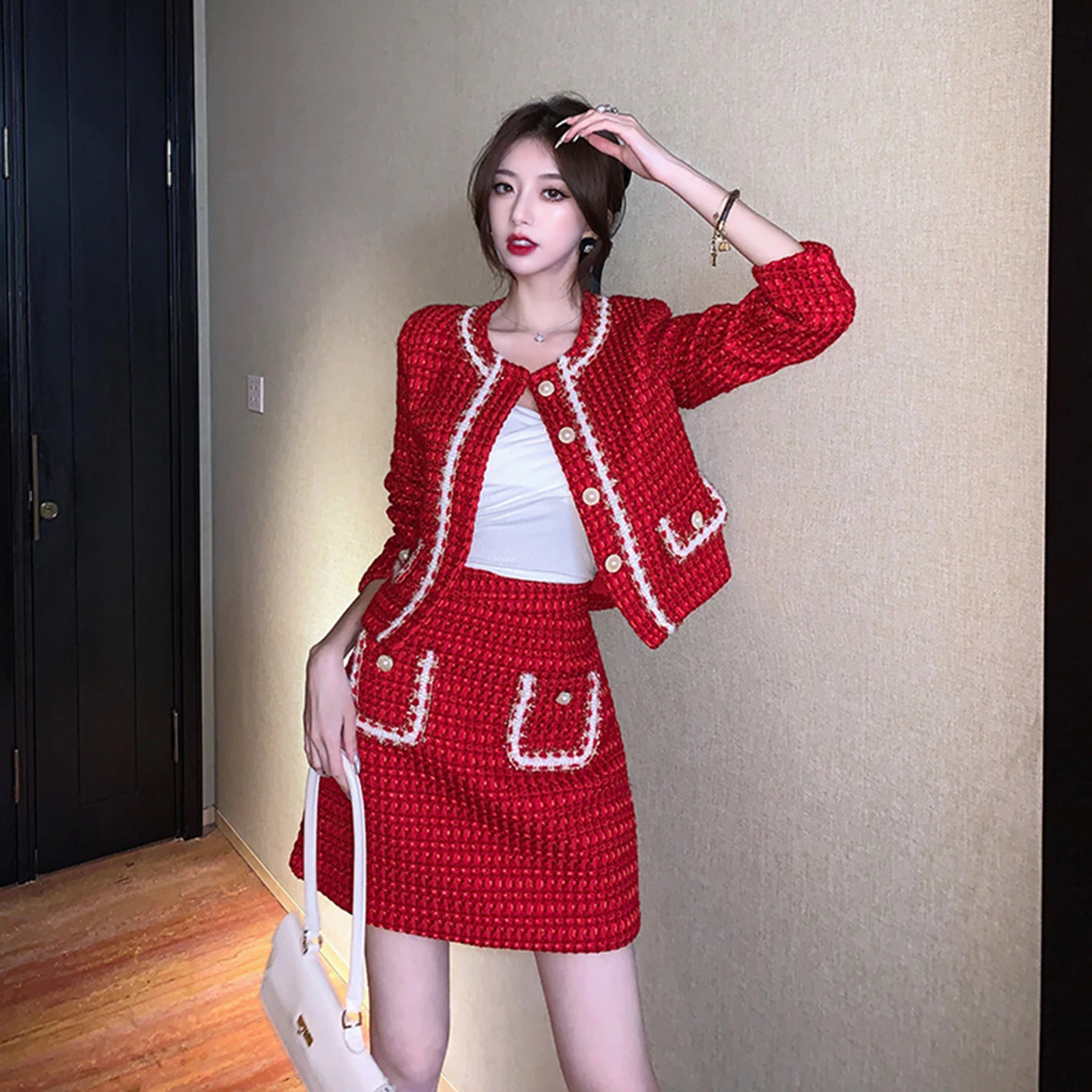 Small Fragrance Wind tweed Two Piece Set Women’s Red Temperament Outfit Cropped Coat+Mini Skirt Slim Fitting Elegant Suit Spring