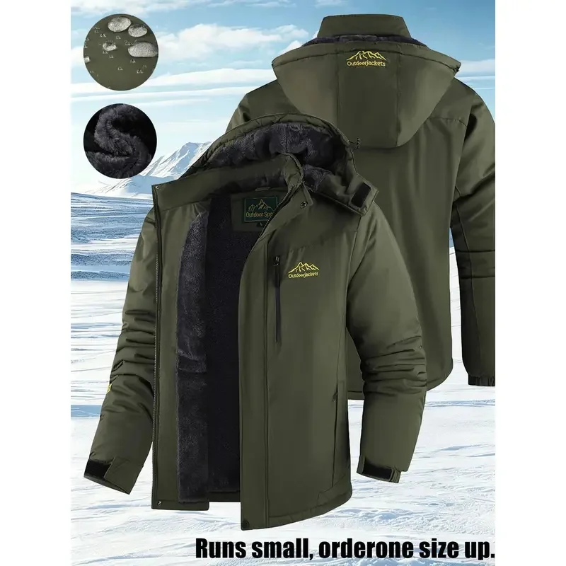 Men's insulated inner-lined winter jacket with zipper pockets, thick and warm lining, windproof outerwear, suitable for hiking
