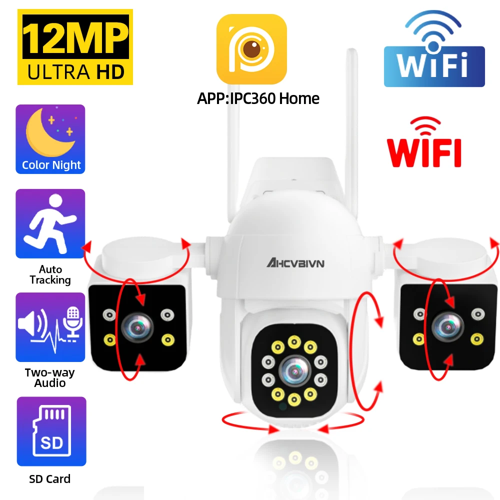 Three Lens 4K Wifi PTZ IP Camera 12MP Three Screen Auto Tracking Wireless CCTV Security Surveillance Camera Color Night Vision