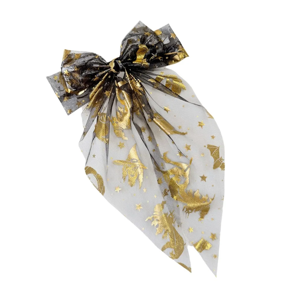 Spider Web Pumpkin Witch Halloween Bow Hair Clip Bronzing Transparent Long Ribbon Bow Duckbill Clip Headpieces Mesh Tassel