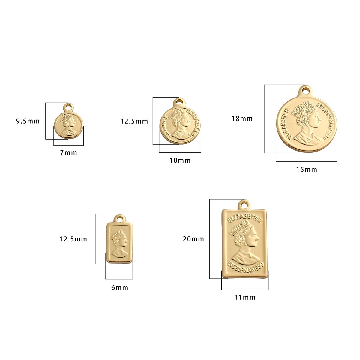 1pc 14K Gold Plated Brass Vintage Queen\'s Head Coin Round Square Charm Pendant for Bracelet Necklace DIY Jewllery Findings