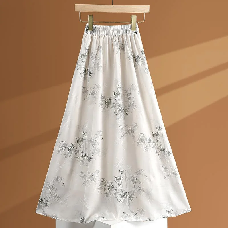 

New Chinese Style Ink Painting Printed Chiffon Women Summer New Mid-length Large A-line Skirt