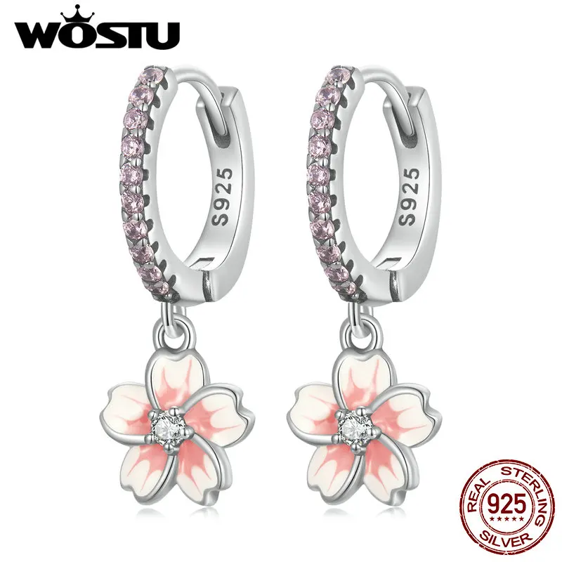 WOSTU Vintage Flower Crystal Hoop Earrings Women 925 Sterling Silve Pink Cherry blossoms Drop Earring Wedding Statement Earrings