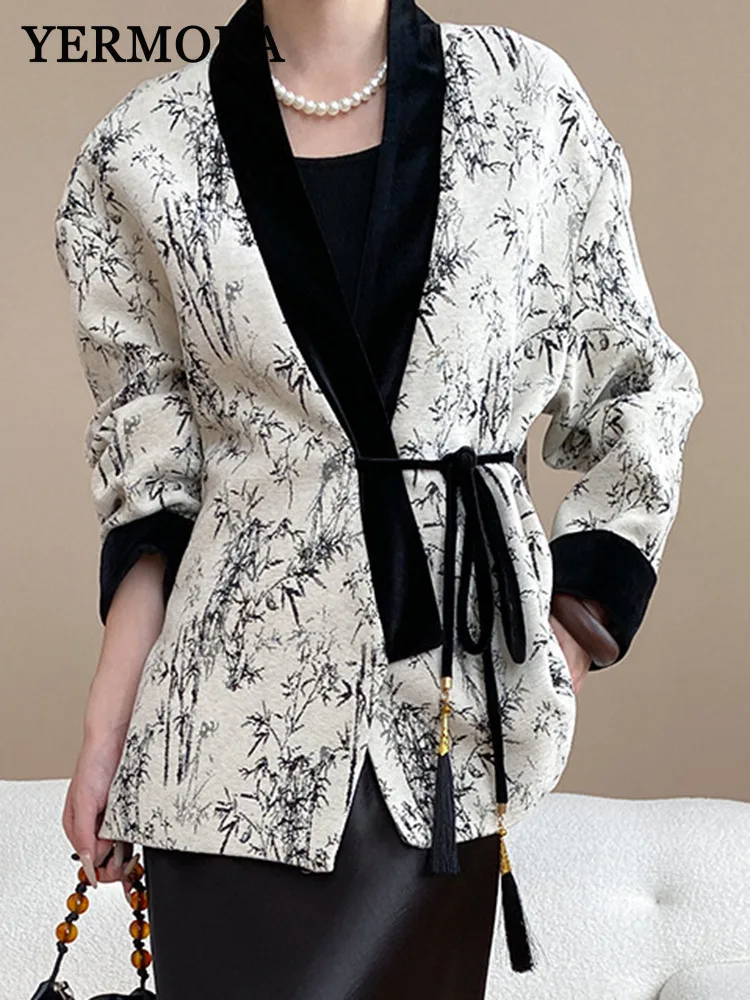 

YERMORA Beige Jacquard Lace Up Elegan Blazer For Women V-Neck Long Sleeve Loose New Jacket Fashion Tide Spring Autumn 20225