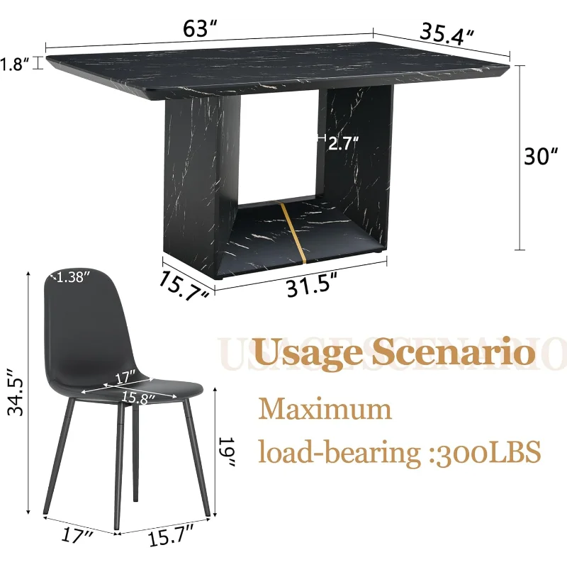 Dining Table Set for 6, 63'' Kitchen Table and Chairs for 6, Black Faux Marble Table and 6 PU Leather Modern Chairs Set