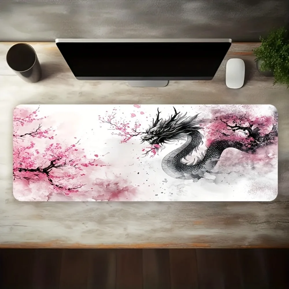 Large Ink Wash Dragon Cherry Blossom Mouse Pad, Extended Non-Slip Gaming Desk Mat, Waterproof Keyboard Pad