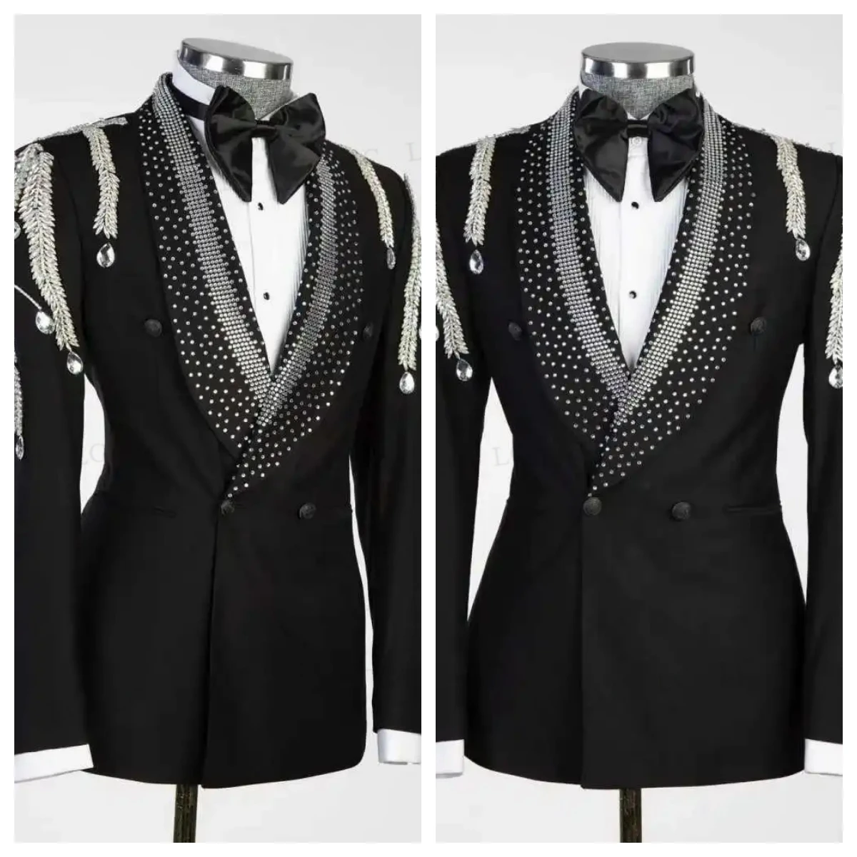 

Stylish One Button 2 Pieces Beads Diamonds Blazer Pants Men Suits High Fashion Tuxedo Slim Wedding Groom Prom Plus Size Customed