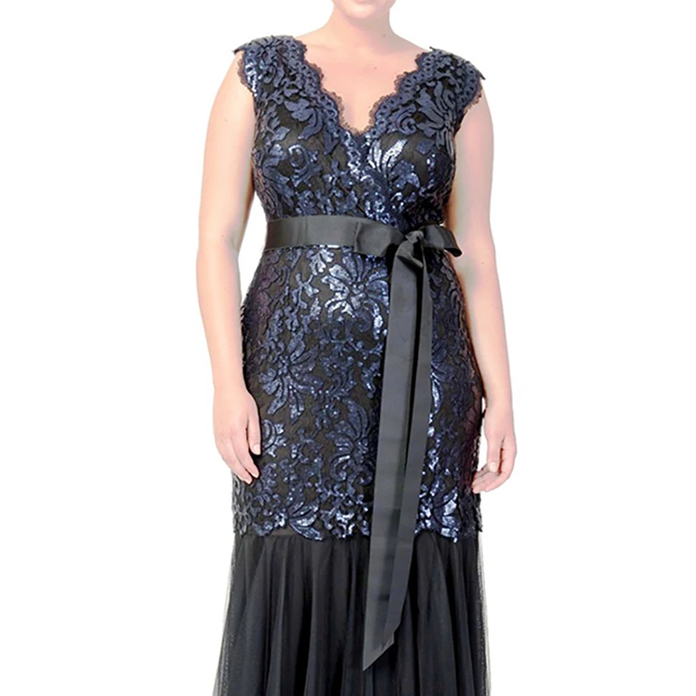 

Women Plus Size Luxurious Sequins Evening Dress Lace Elegant V-Neck Sleeveless Slim Female Wedding Dress Gown Tulle Formal Dress
