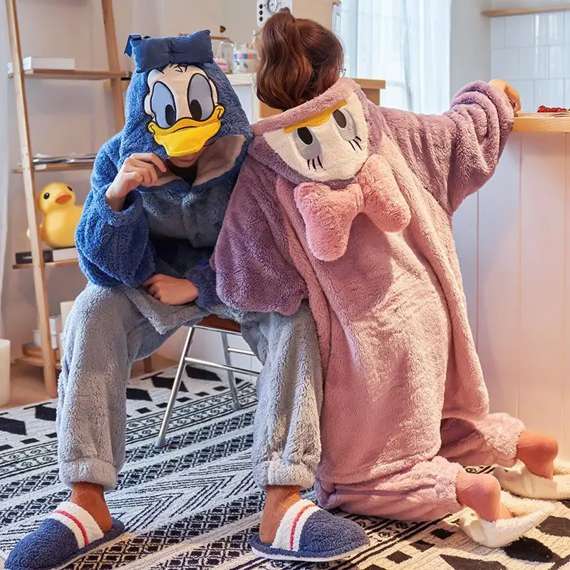 Cartoon Disney Couple Pajamas Donald Duck Winter Coral Fleece Hooded Pants Cotton Two-piece Set Male/Female Couple Pajamas