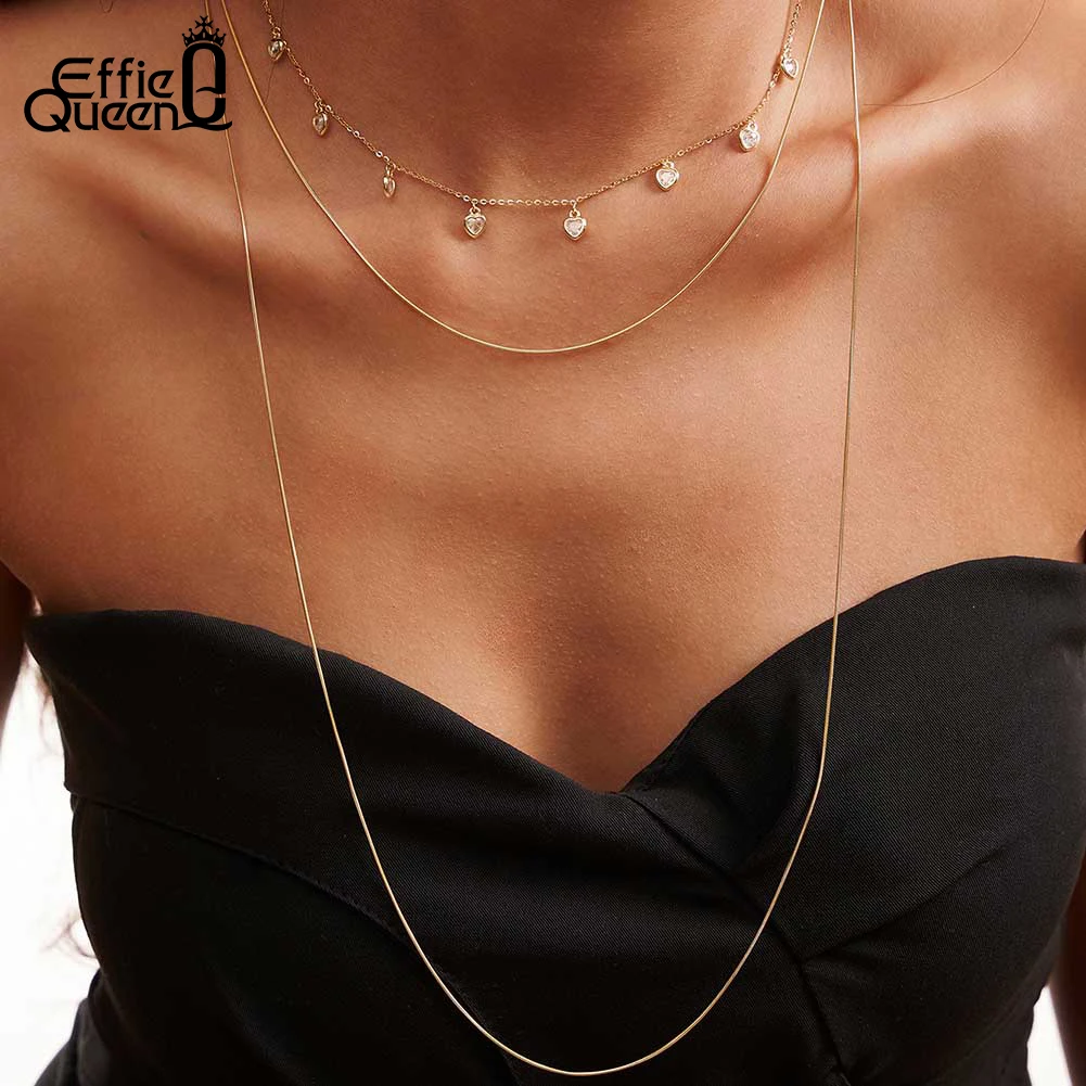 

EFFIE QUEEN 925 Sterling Silver Three Layer Choker Necklace for Womne Fashion Snake Chain 5A Zircon Necklace Party Jewelry BQN09