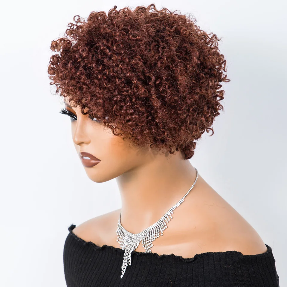 Lekker Natural Brown Short Pixie Cut Afro Kinky Curly Bob Human Hair Wig For Women Brazilian Remy Hair Full Machine  Colored Wig