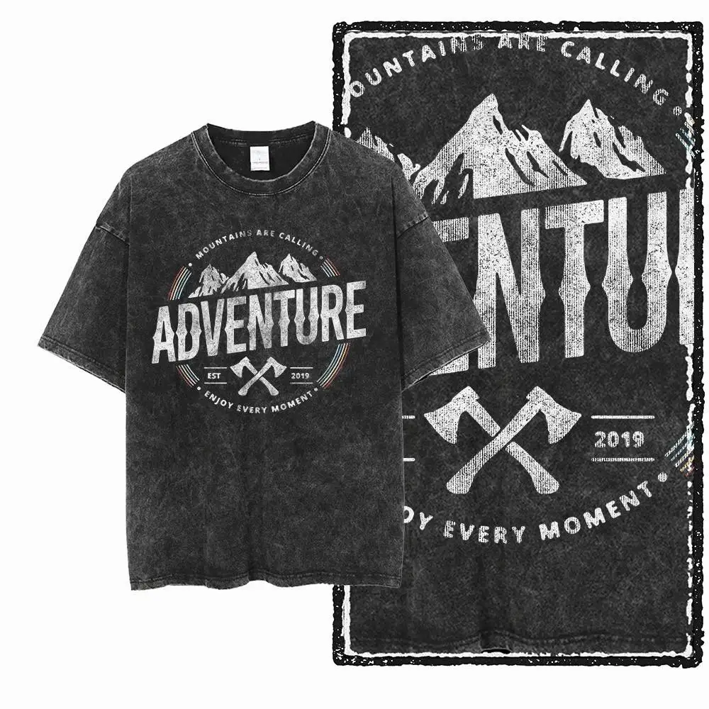 Men's Adventure T-Shirt Black Big Size Washed Distressed Outdoor Explorer Graphic Print Cotton T Shirt Unique Tee Shirt G78