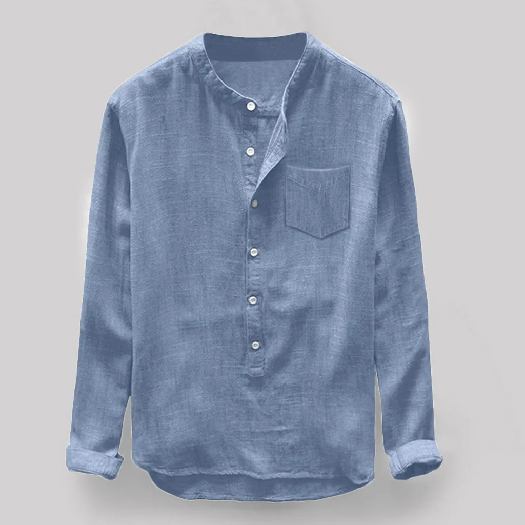 Men Spring Shirt Single-breasted Stand Collar Cardigan Shirt Long Sleeevs Loose Oversized Mid Length Men Summer Tops With Pocket