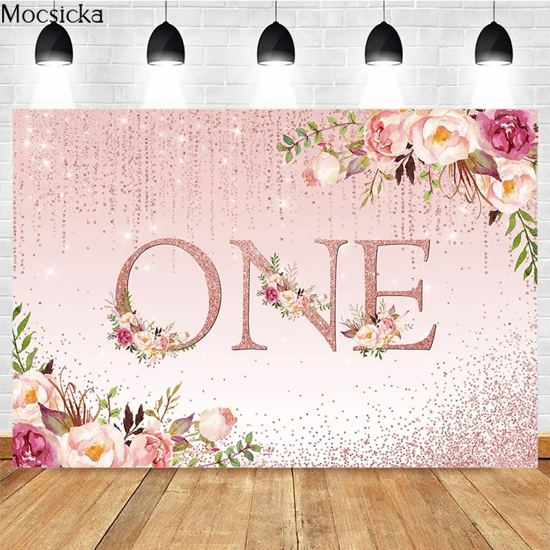 Mocsicka Baby Shower Background Sparkling Rose Gold Floral Decoration Newborn Portrait Photo Backdrop Studio Photography Props